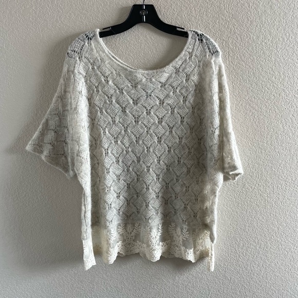 Anthropologie Knitted & Knotted Lace Hem Sweater Short Sleeve Cream Small - Picture 5 of 11